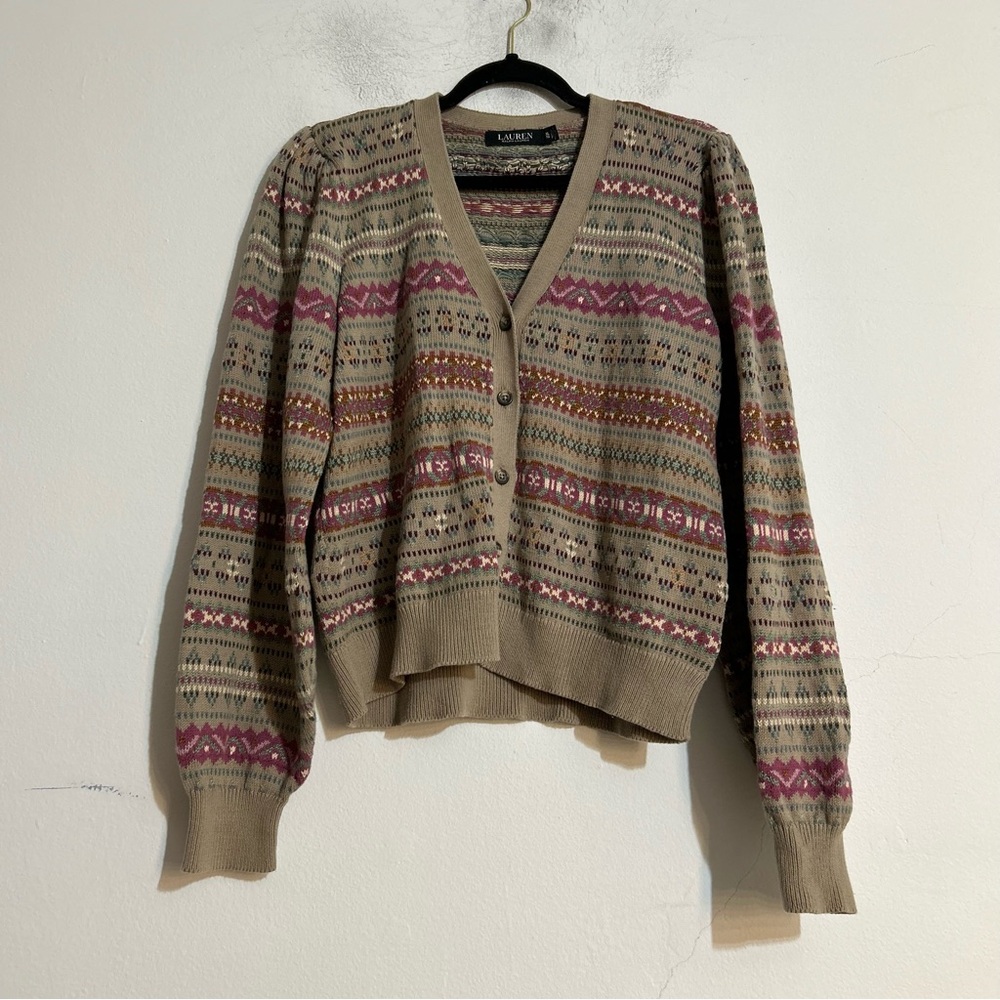 Lauren Ralph Lauren Fair Isle Cotton Linen Puff Sleeve Cardigan Sweater Ski XL